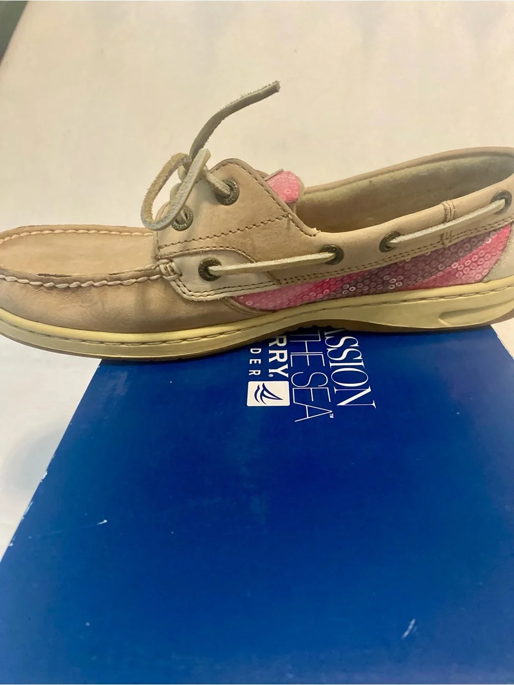 Sperry Bluefish Linen Rose Plaid Sequin Tan & Pink Leather Sequin Boat Shoes 9